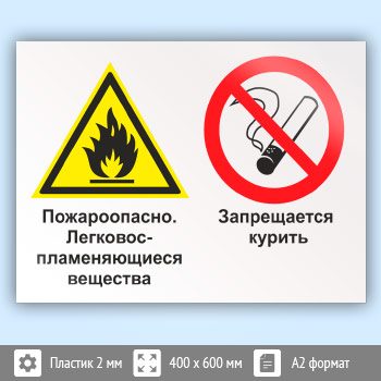 Знак «Пожароопасно - легковоспламеняющиеся вещества. Запрещается курить», КЗ-69 (пластик, 600х400 мм)